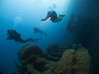 scuba divers over the Zenobia wreck in Cyprus
